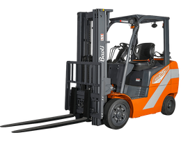 Orange and gray Baoli forklift with extended forks.