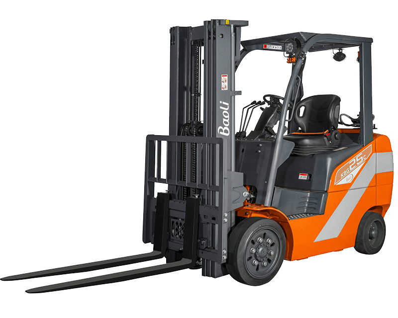 Orange and gray Baoli forklift with extended forks.