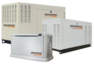 Generac home standby generators in varying sizes, white with orange logos, outdoors.