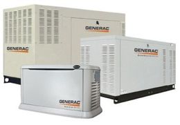 Generac home standby generators in varying sizes, white with orange logos, outdoors.