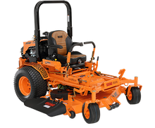Orange Scag zero-turn lawn mower on a white background, with black details and a brown seat.