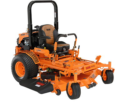 Orange Scag zero-turn lawn mower on a white background, with black details and a brown seat.