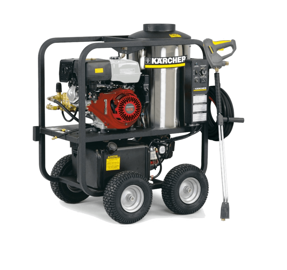 A wheeled Kärcher industrial pressure washer with a red engine, black frame, and stainless steel tank.