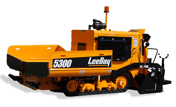 Yellow LeeBoy 5300 asphalt paver on tracks, with a black hopper and a rotating amber beacon.