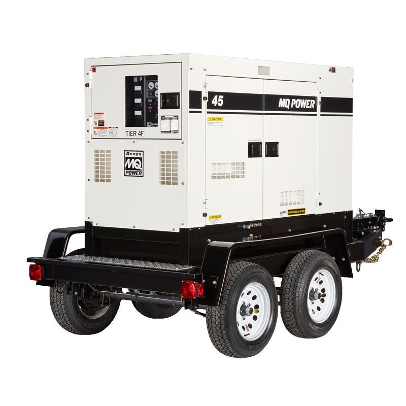 White and black MQ Power 45 generator on a trailer, with a control panel.