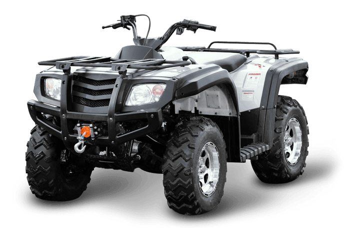White and black ATV with black front and rear racks, on a white background.