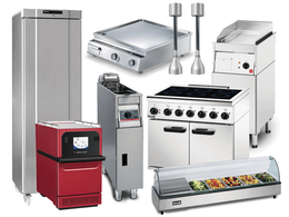 Commercial kitchen equipment: refrigerator, griddle, heat lamps, fryer, oven, range, and food display.