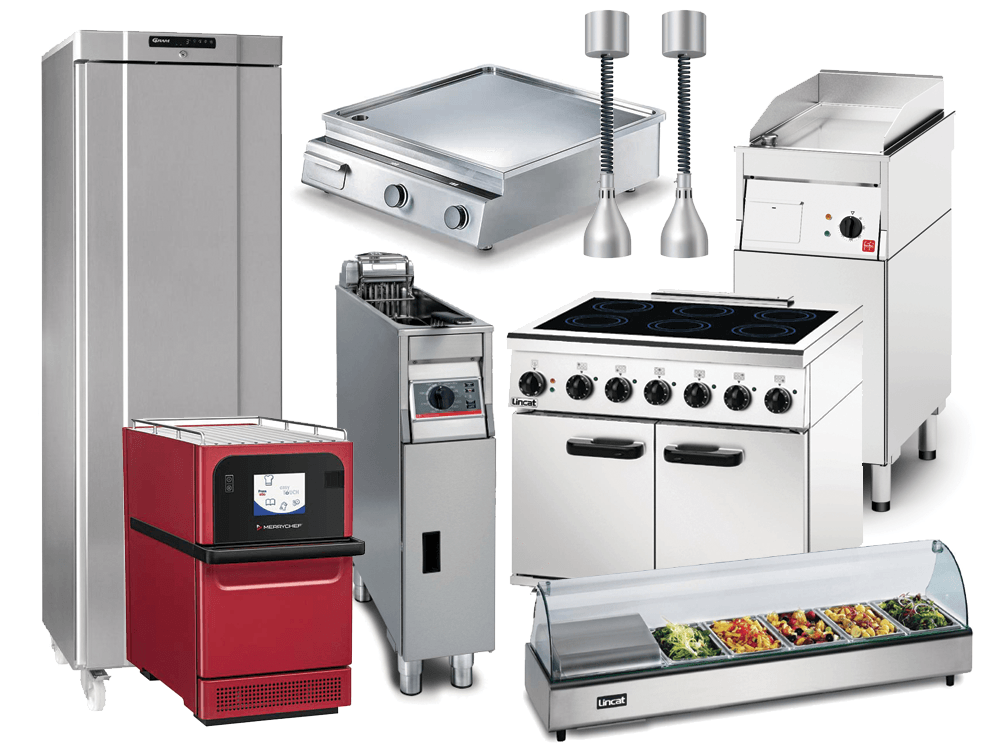 Commercial kitchen equipment: refrigerator, griddle, heat lamps, fryer, oven, range, and food display.