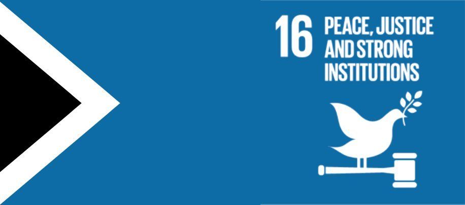 A blue sign that says 16 peace justice and strong institutions