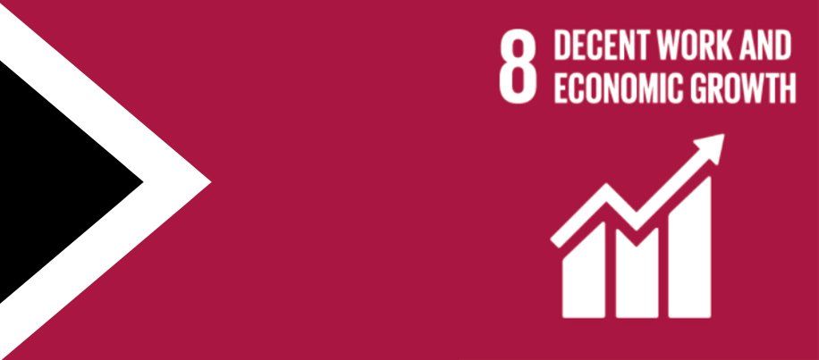 A red background with an arrow and a graph that says decent work and economic growth