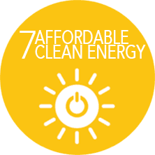 A yellow circle with the words `` 7 affordable clean energy '' and a sun with a power button in the middle.