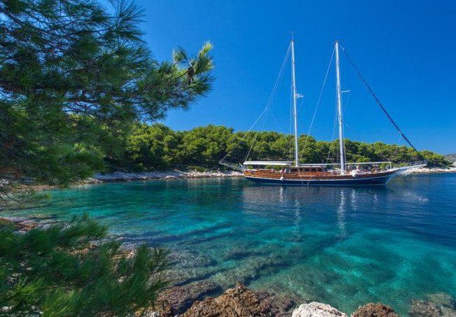 Een zeilboot in een turquoise baai, omgeven door weelderige groene bomen, onder een helderblauwe hemel.
