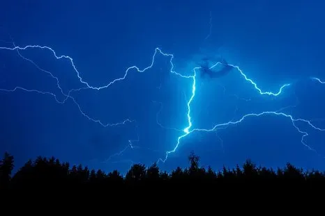 Lightning strikes in the night sky over a forest