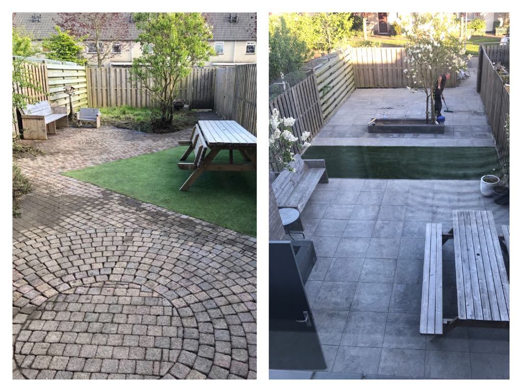 Voor- en na-foto's van een metamorfose van het terras in de achtertuin: de gebogen kasseien zijn vervangen door een recht stenen terras met bankjes.