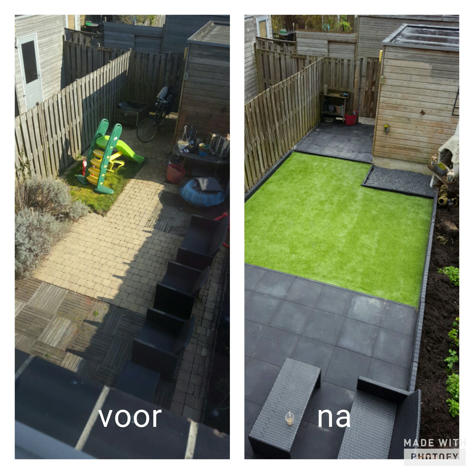 Terras in de achtertuin voor en na: oude bestrating vervangen door grijze tegels en felgroen kunstgras.