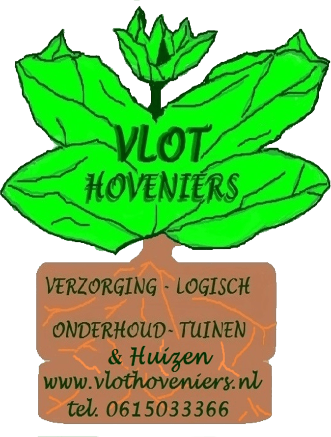 Groen VLOT Hoveniers-logo met tekst over blad- en tuinonderhoud op een bruin bord voor landschapsarchitectuur en -onderhoud.