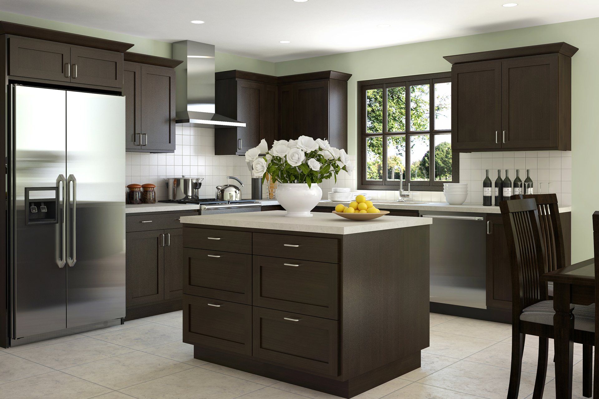 Modern kitchen with dark cabinets, stainless steel appliances, island, and window over sink