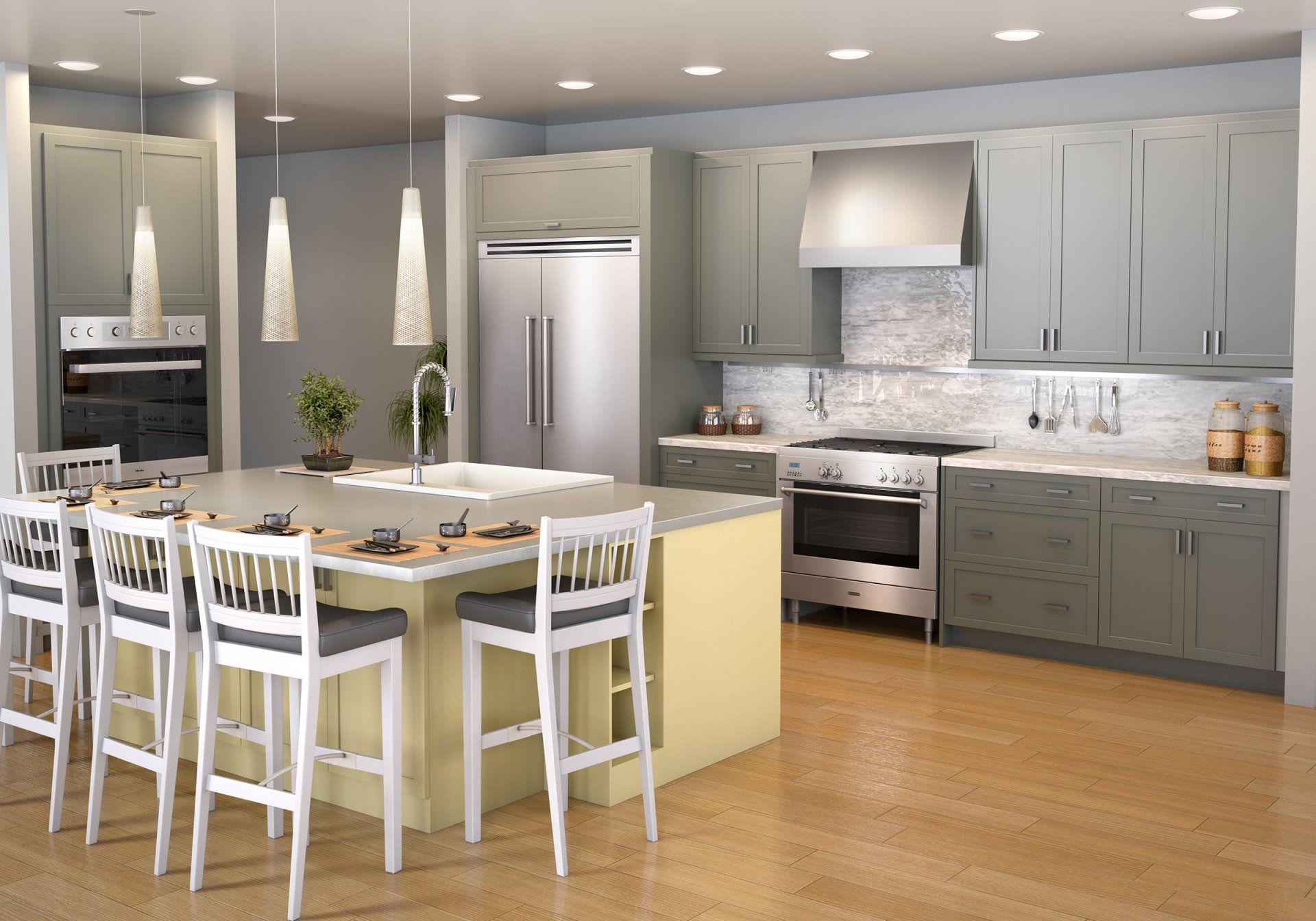 Modern kitchen with gray cabinets, stainless appliances, island, and white barstools under pendant lights