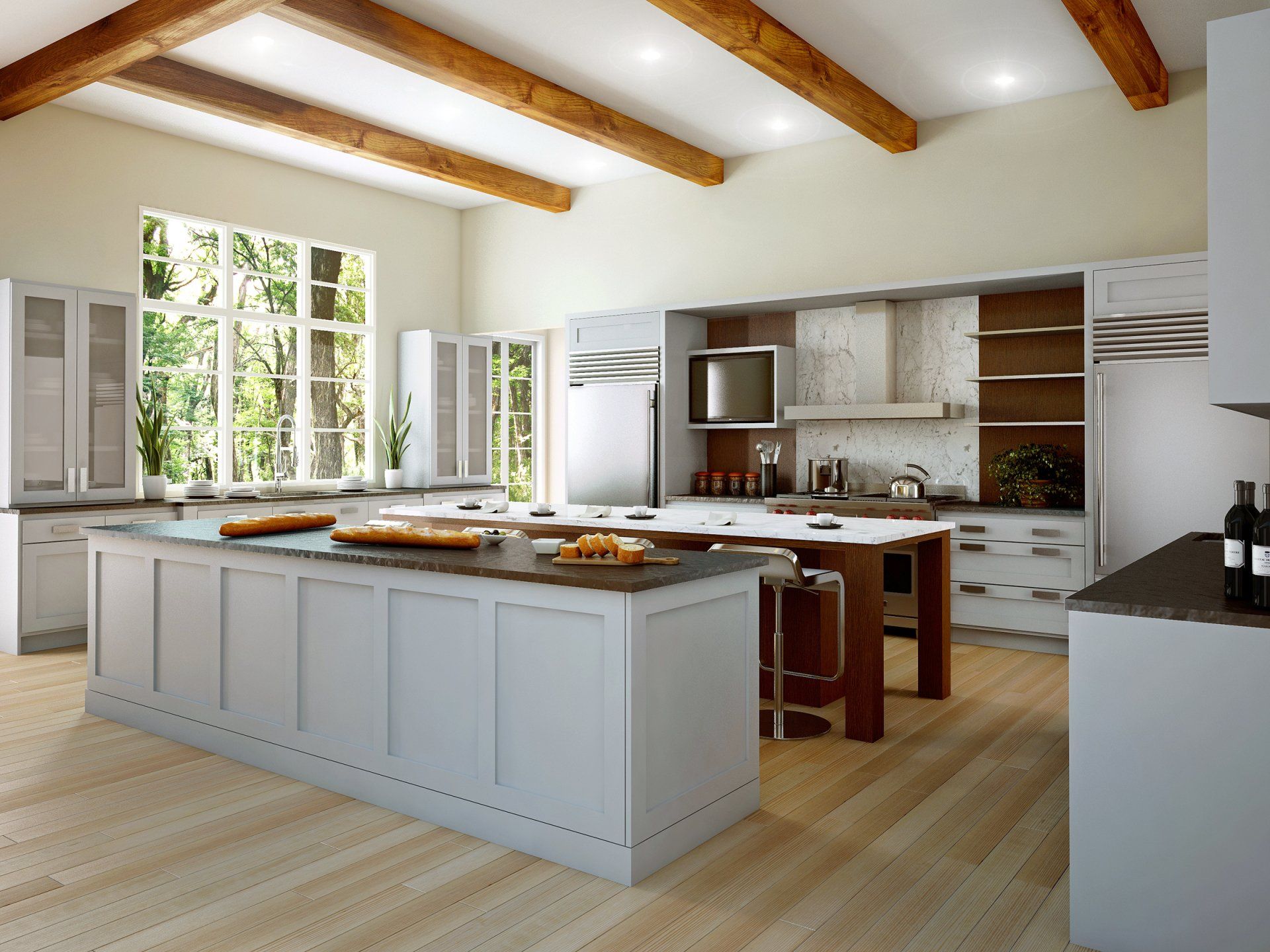 Bright modern kitchen with white cabinets, wood beams, island, and large windows