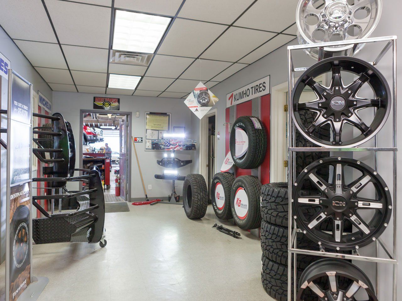Tire display inside KB Tire & Auto