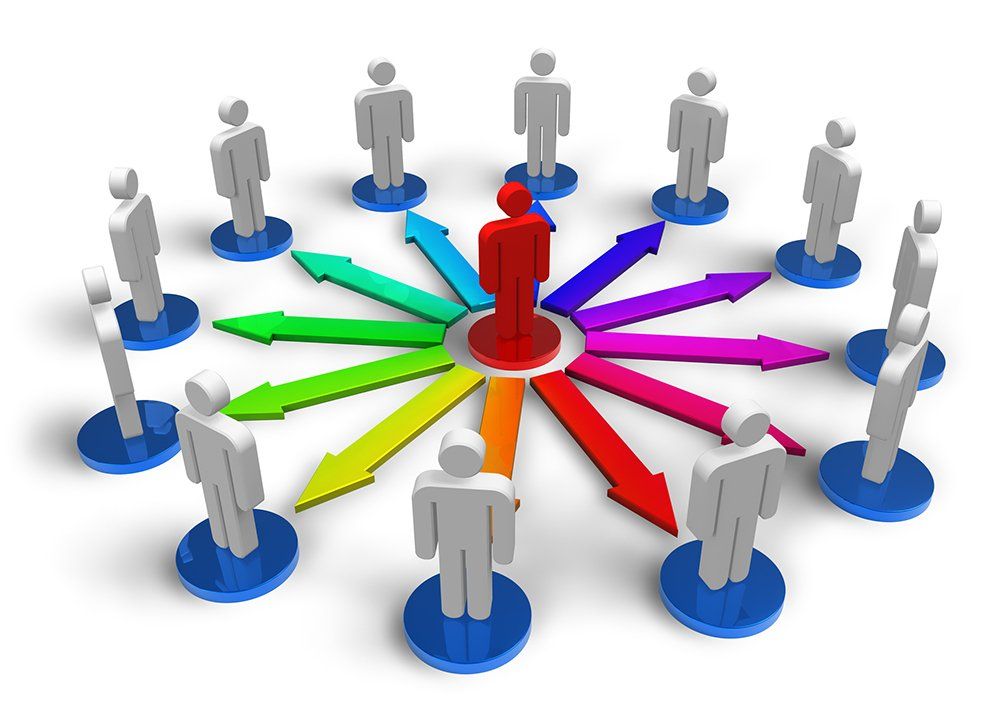 Central red figure connected by rainbow arrows to surrounding white figures on blue bases