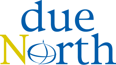 Due North logo with blue “due,” yellow “North,” and a blue globe in the “o”