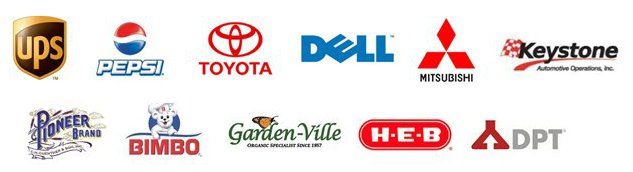 A bunch of logos on a white background including ups toyota dell and h-e-b