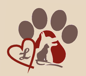 A logo featuring a brown paw print, a heart with the letter 
