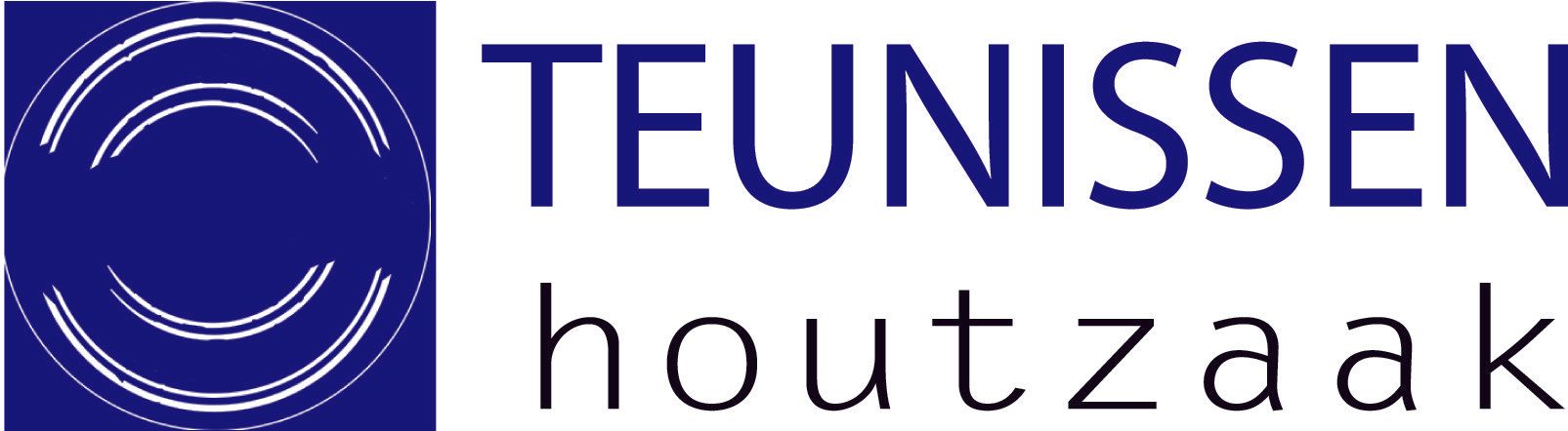 Blauw logo met abstracte witte cirkelvormige lijnen naast de tekst 