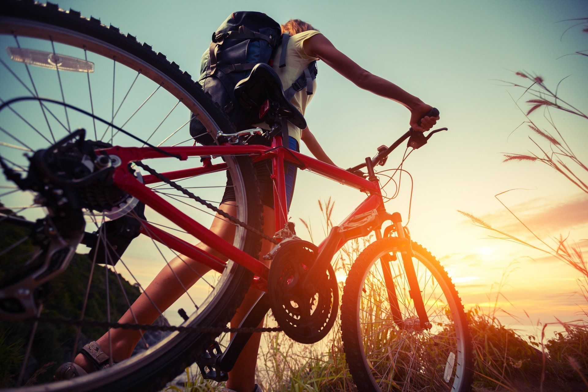 Eine Person fährt bei Sonnenuntergang auf einem Feld Fahrrad.