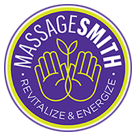 The logo for massage smith revitalize and energize is purple and yellow.