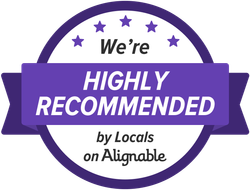 A purple badge that says `` we 're highly recommended by locals on alignable ''