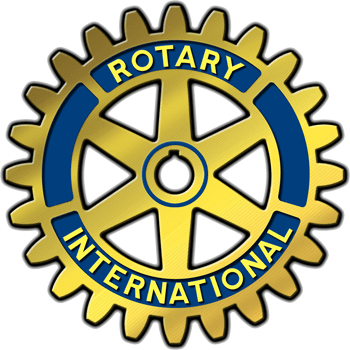 A yellow and blue rotary international logo on a white background