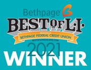 Bethpage Best of LI 2021 Winner logo. Text on turquoise with orange and gray accents.