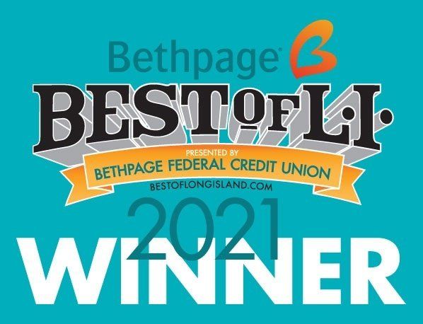 Bethpage Best of LI 2021 Winner logo. Text on turquoise with orange and gray accents.