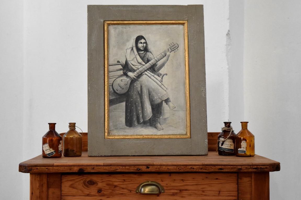 Gemälde handgemalt Rajasthan Musik Frau  Vintage Bild Indien Volksmusik Wandbild 