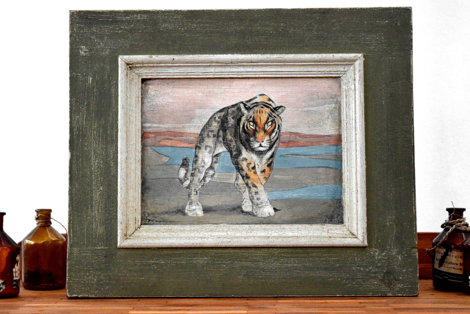 handgemaltes Vintage- Gemälde aus Calcutte (Indien)  Bengal Tiger indischer Königstiger
