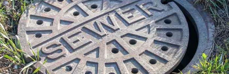 A manhole cover with the word sewer on it is sitting in the grass.