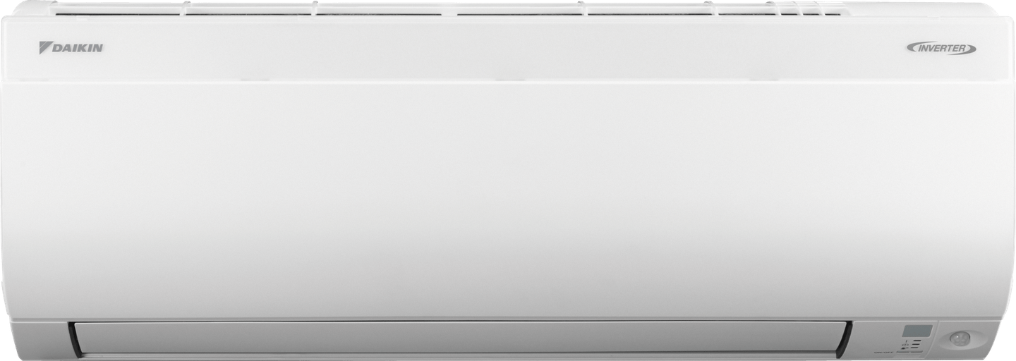 White wall-mounted air conditioner unit with front vents and digital display