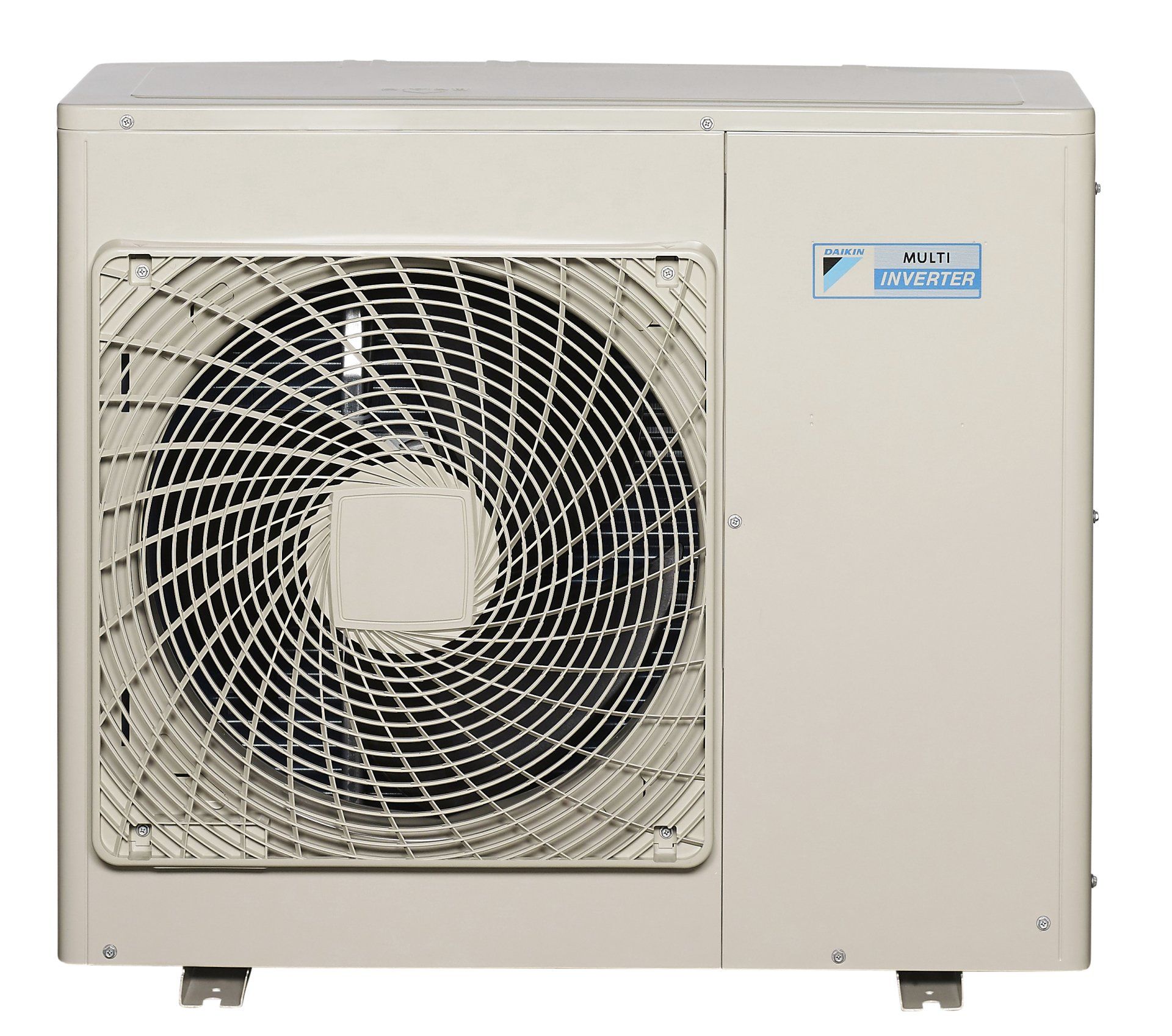 White outdoor air conditioner unit with a large front fan and blue label on the right side