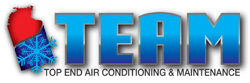 TEAM logo with blue letters, red-and-blue AC graphic, and text “Top End Air Conditioning & Maintenance”