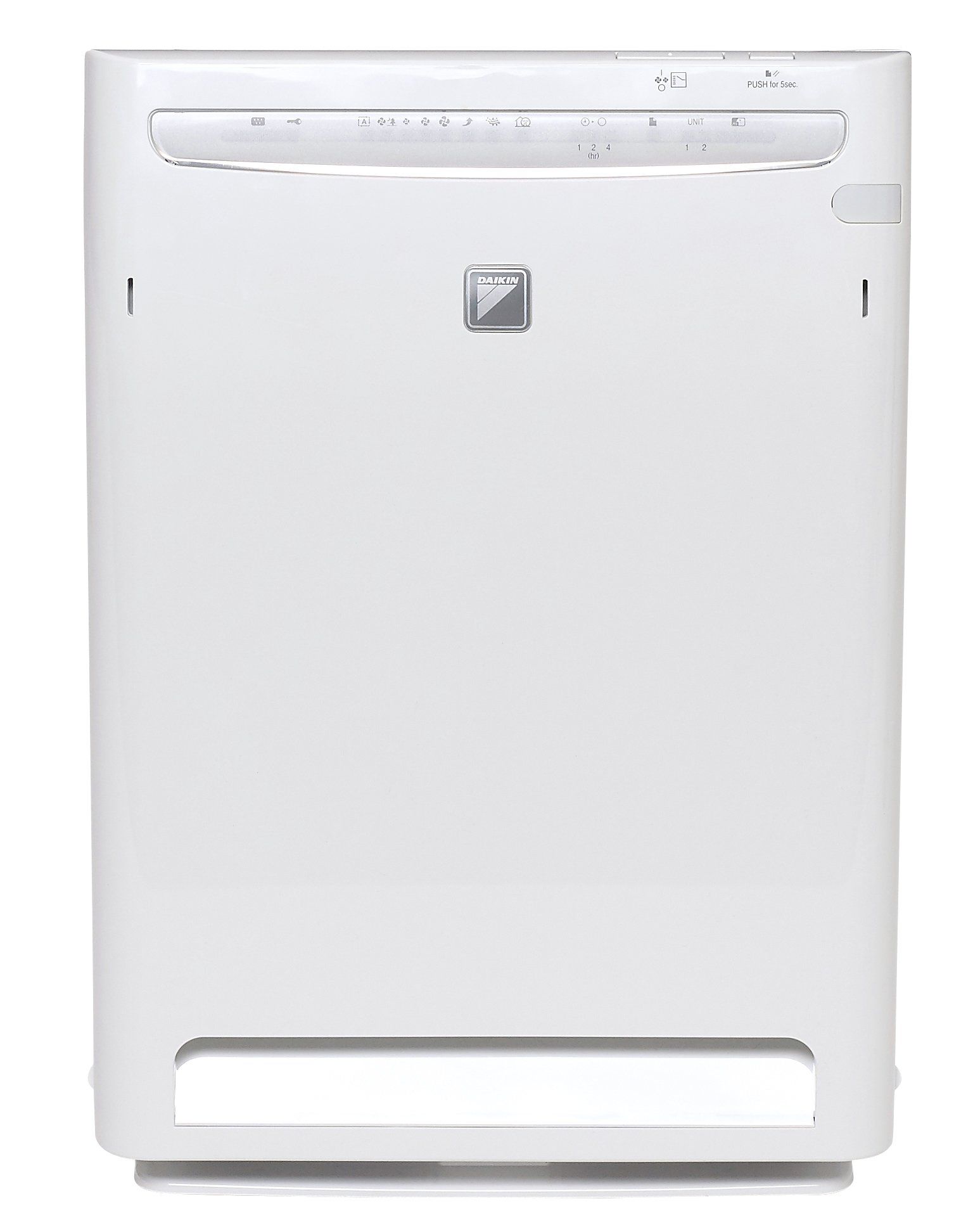 White compact appliance with a front control panel and bottom vent
