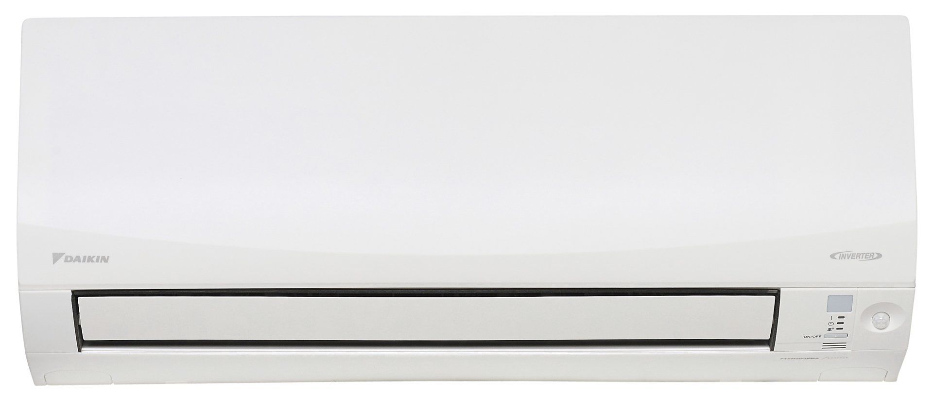 White wall-mounted air conditioner unit with vents and controls on the right side