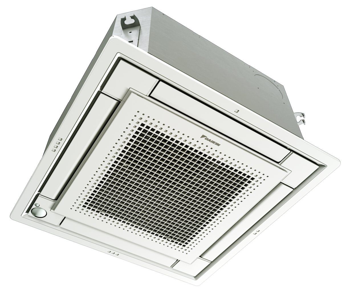 Ceiling-mounted square air vent with white frame and central grille