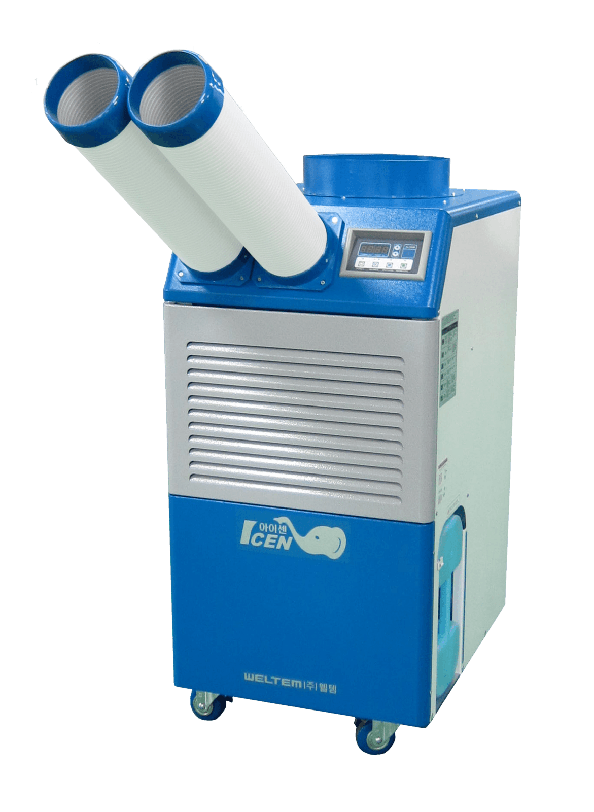 Blue portable air cooler with dual white vents and digital control panel on wheels