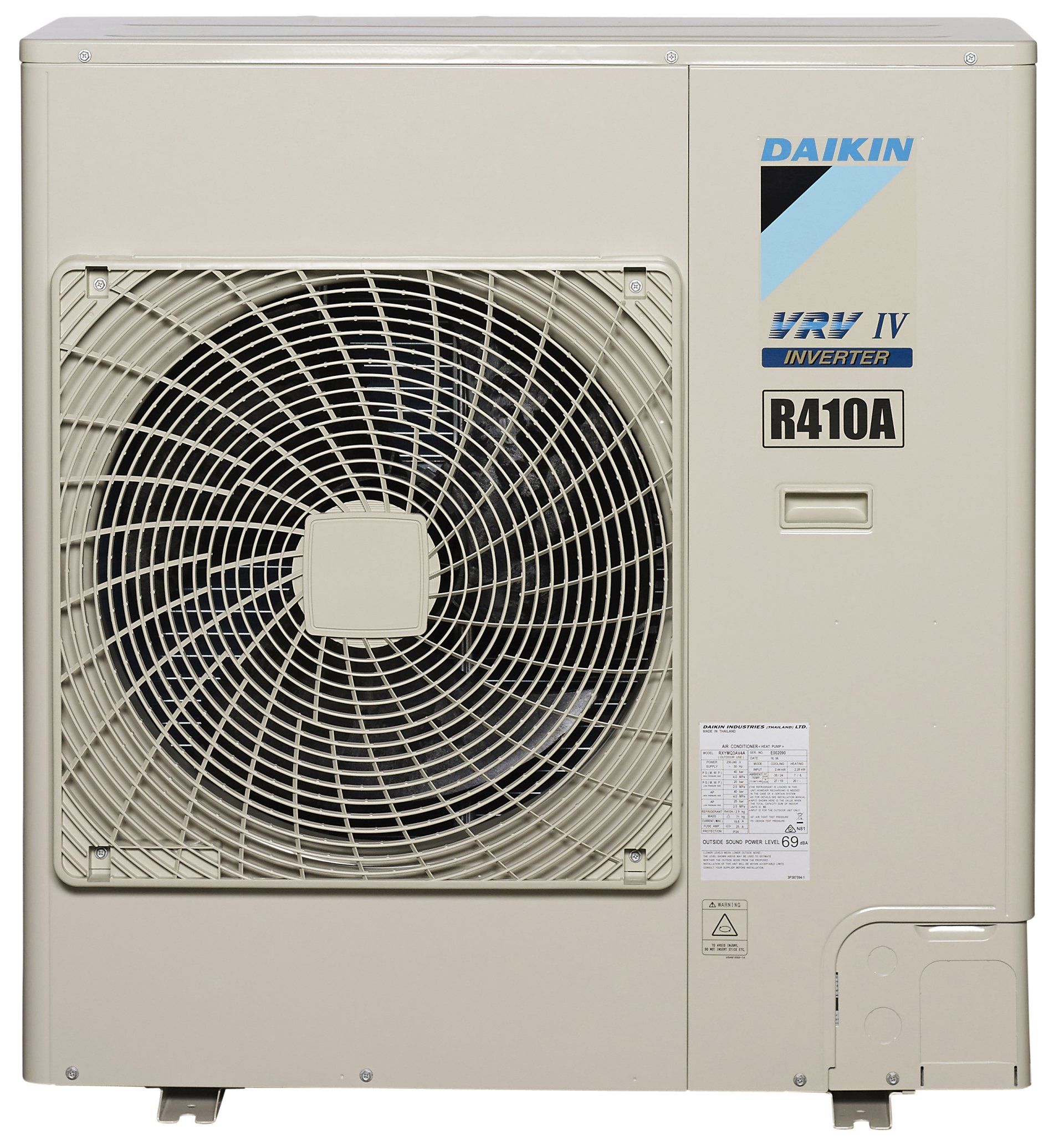 Beige outdoor air conditioning unit with a large front fan and Daikin logo, labeled R410A