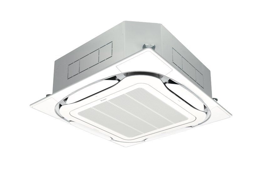 White ceiling cassette air conditioner unit with gray housing, viewed from below