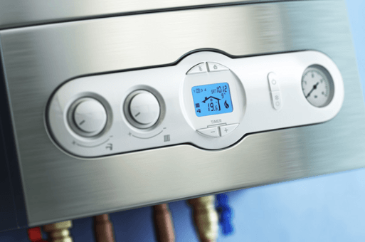 Silver boiler control panel with three knobs and a blue digital display
