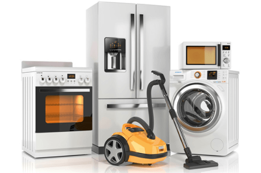 Kitchen and laundry appliances with vacuum cleaner: stove, refrigerator, microwave, washer, and yellow vacuum