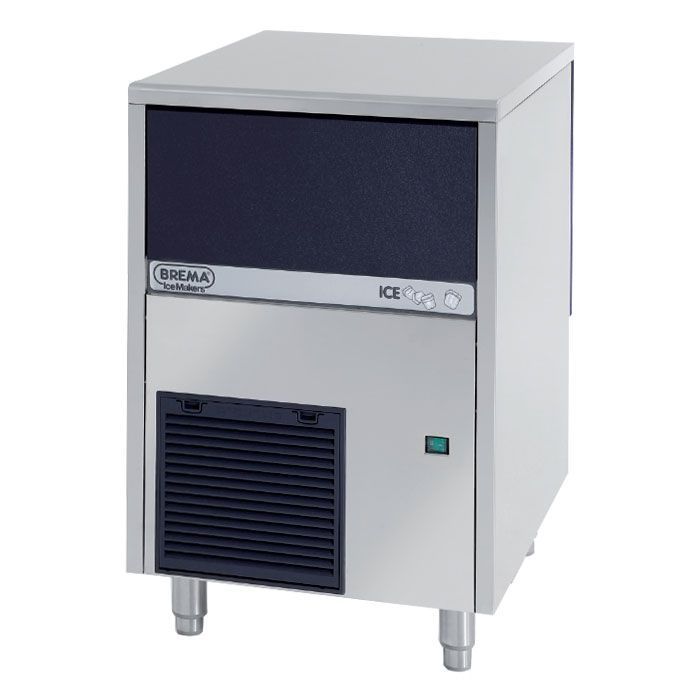 Compact stainless steel commercial ice machine on four legs, front vent and dark top panel